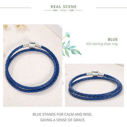 Simple Leather Braided Layered Bracelet in Sterling Silver blue double