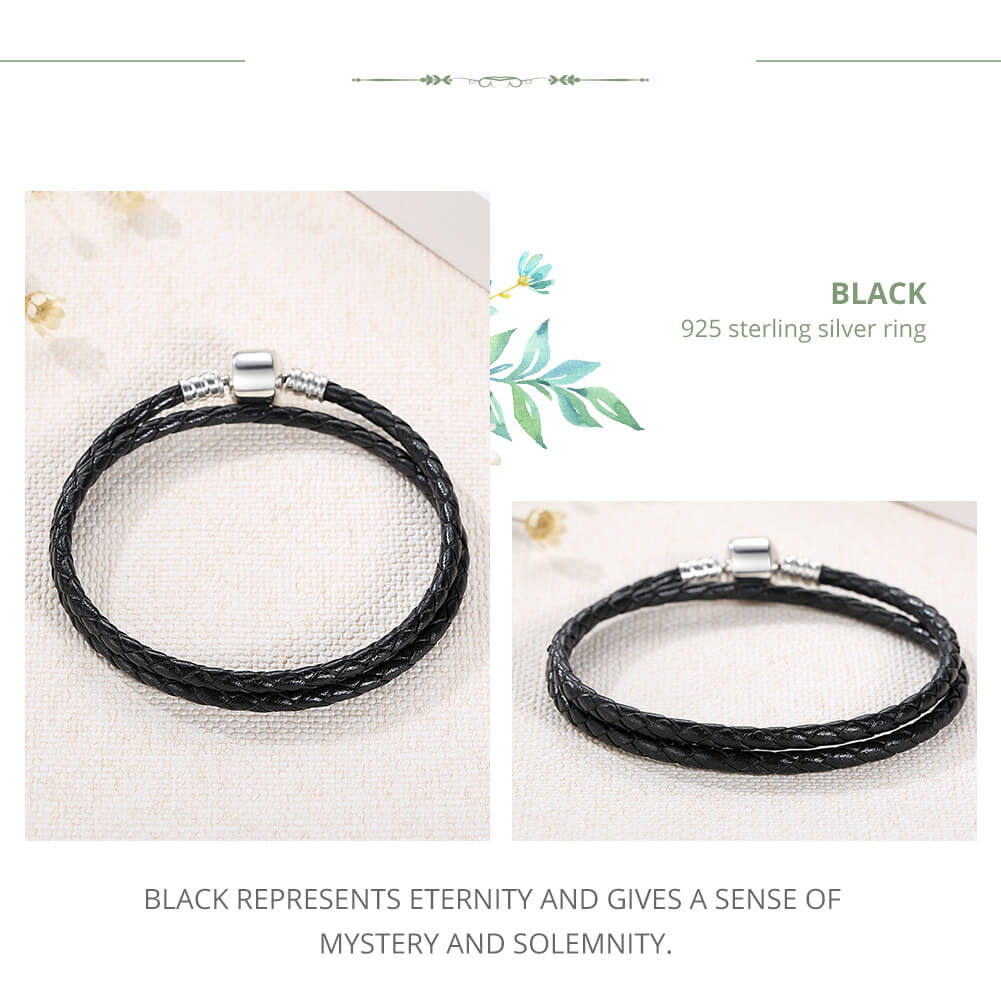 Simple Leather Braided Layered Bracelet in Sterling Silver black double