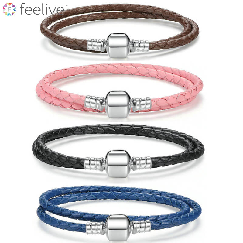 Simple Leather Braided Layered Bracelet in Sterling Silver double - Feelive