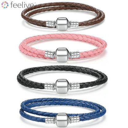 Simple Leather Braided Layered Bracelet in Sterling Silver double - Feelive