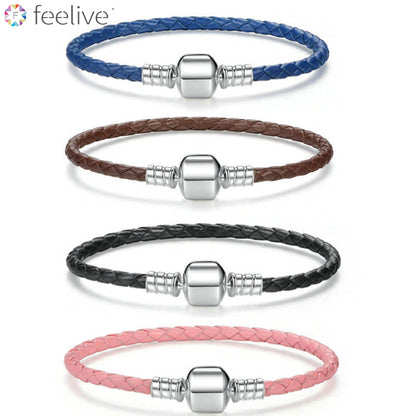 Simple Leather Braided Layered Bracelet in Sterling Silver single - Feelive