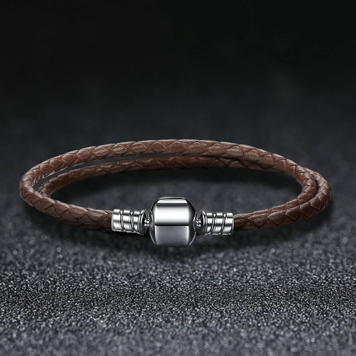 Simple Leather Braided Layered Bracelet in Sterling Silver brown double