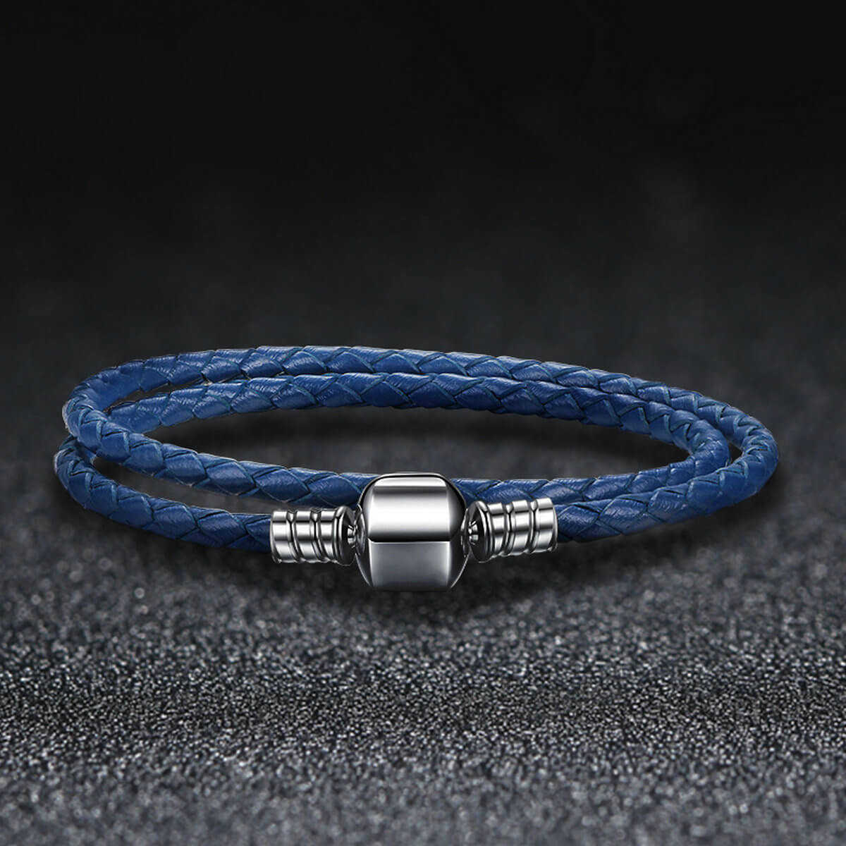 Simple Leather Braided Layered Bracelet in Sterling Silver blue double