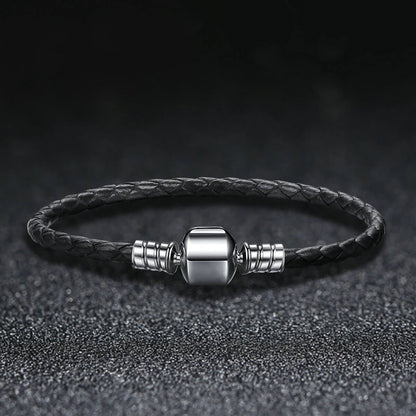 Simple Leather Braided Layered Bracelet in Sterling Silver black single