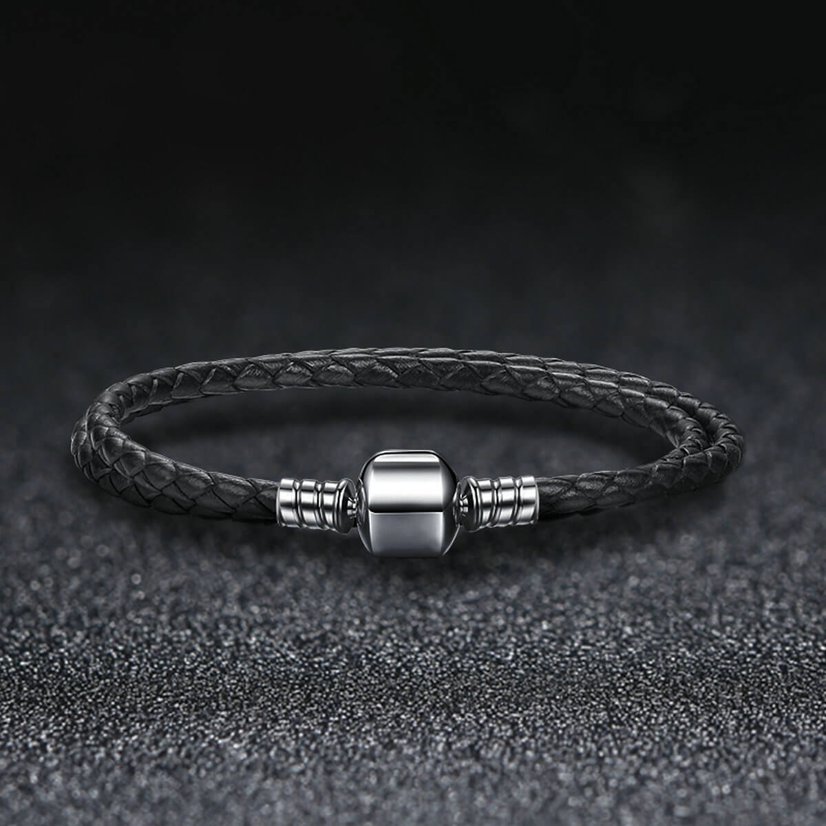 Simple Leather Braided Layered Bracelet in Sterling Silver black double