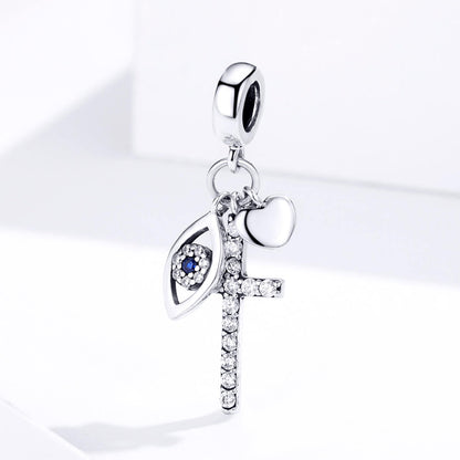 Devil's Eye Cross Zircon Charm in Sterling Silver front