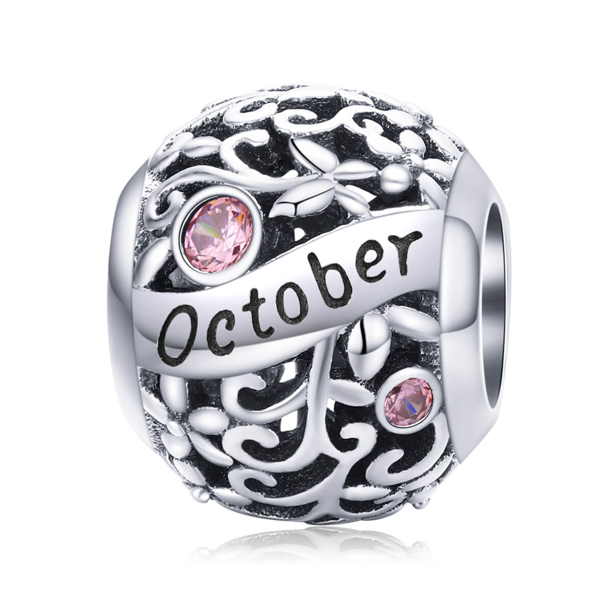 Vine Pattern Birthstone Zircon Charm in Sterling Silver October