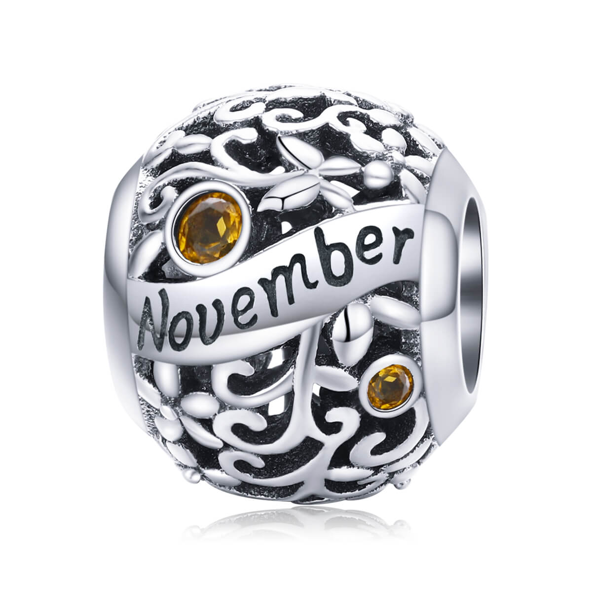 Vine Pattern Birthstone Zircon Charm in Sterling Silver November