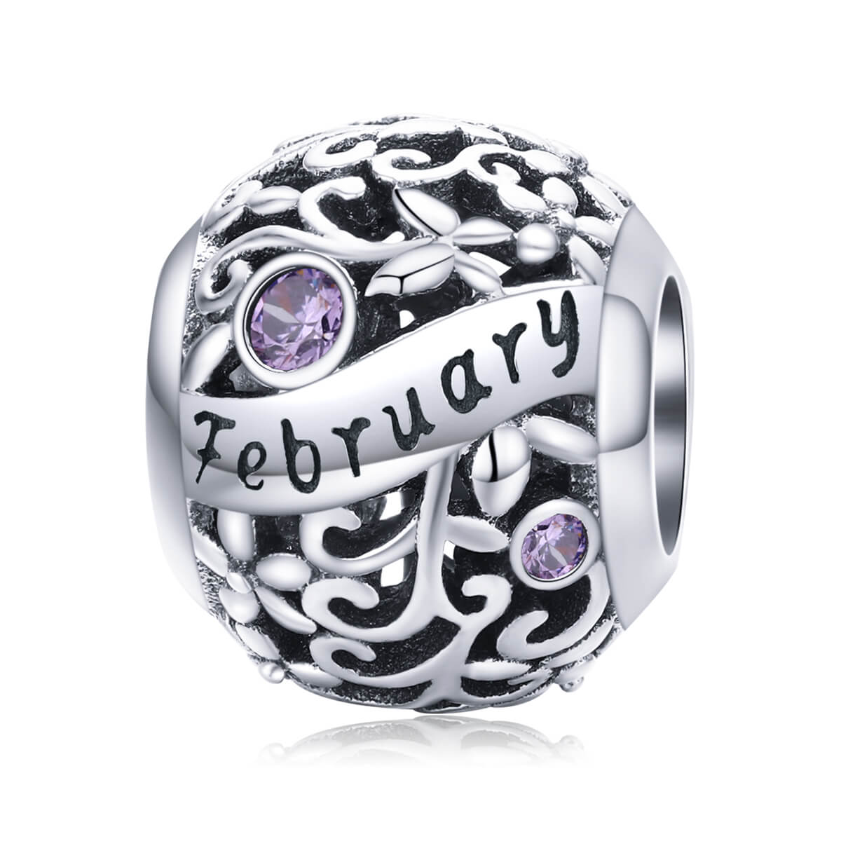 Vine Pattern Birthstone Zircon Charm in Sterling Silver February