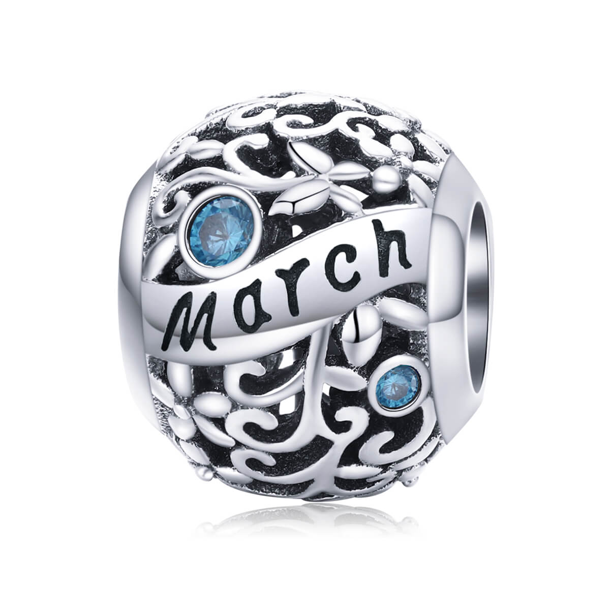 Vine Pattern Birthstone Zircon Charm in Sterling Silver March