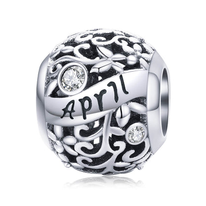 Vine Pattern Birthstone Zircon Charm in Sterling Silver April