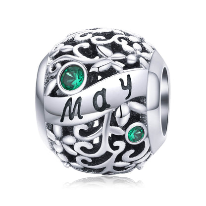 Vine Pattern Birthstone Zircon Charm in Sterling Silver May