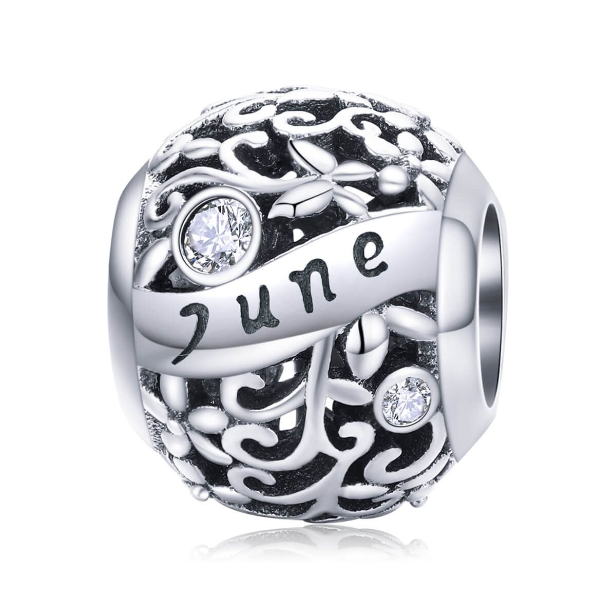 Vine Pattern Birthstone Zircon Charm in Sterling Silver June