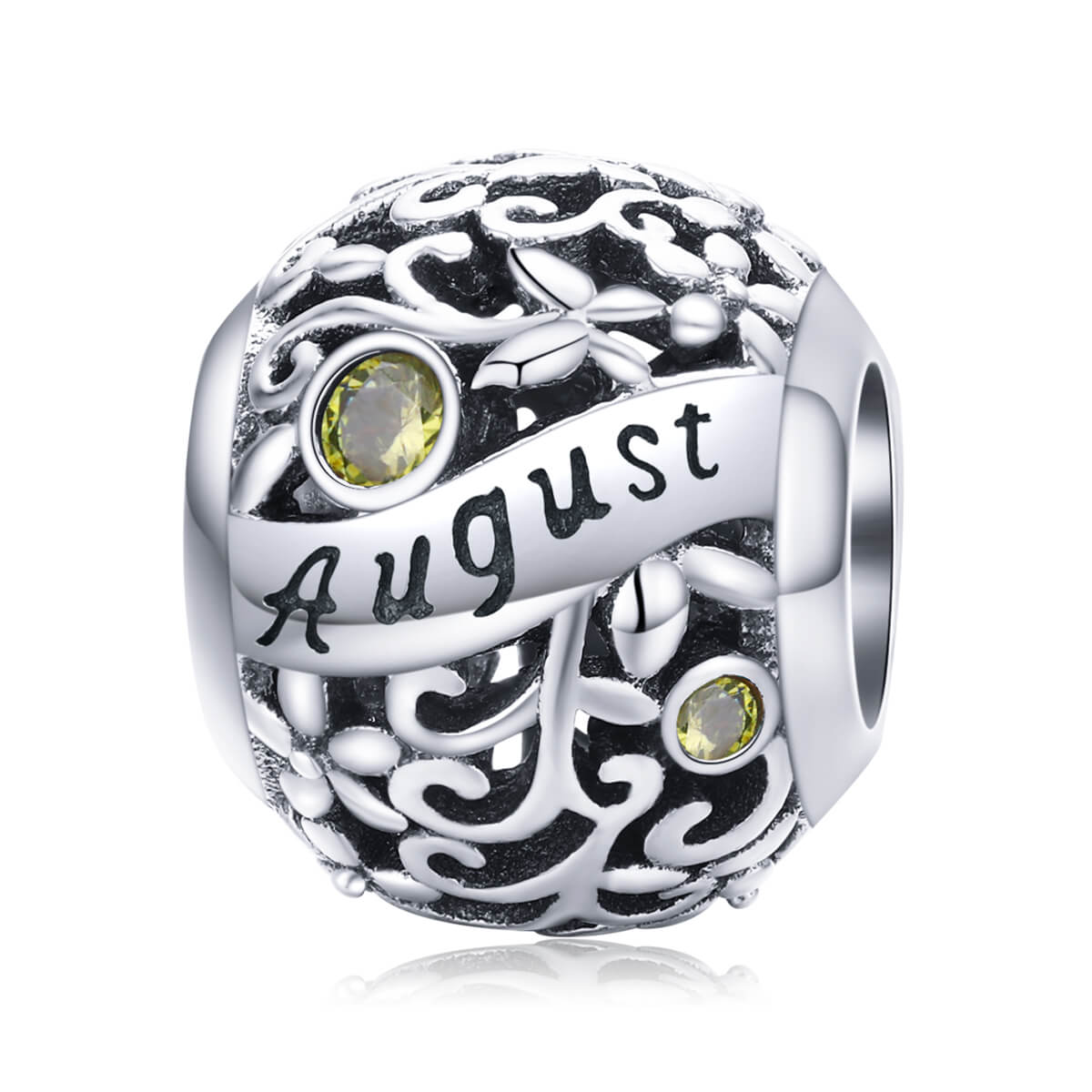 Vine Pattern Birthstone Zircon Charm in Sterling Silver August