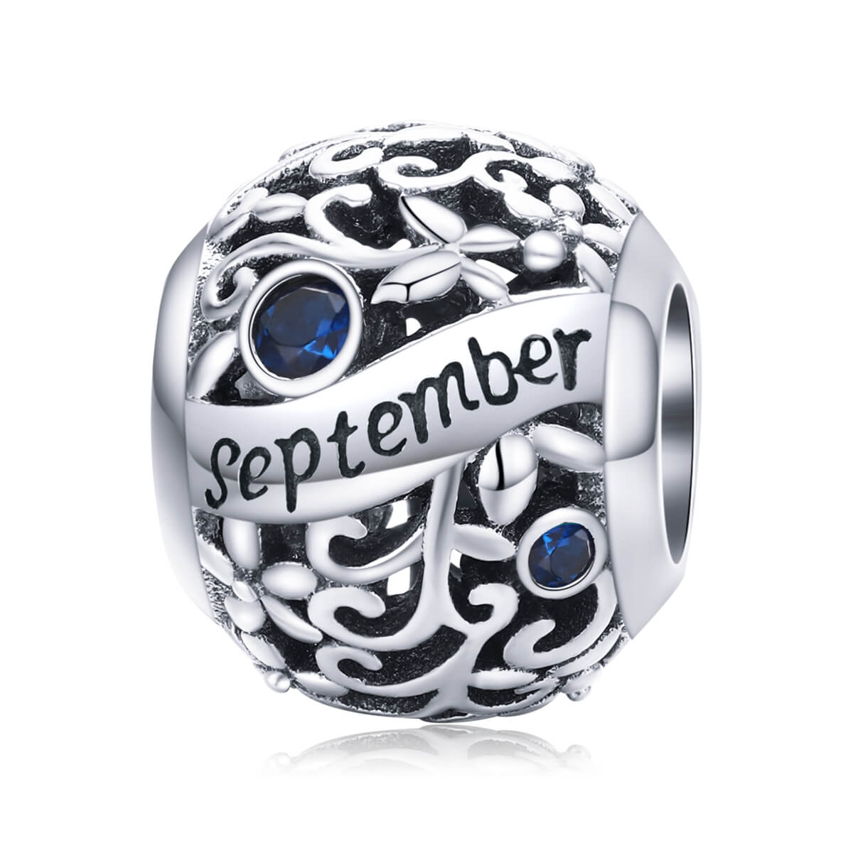 Vine Pattern Birthstone Zircon Charm in Sterling Silver September