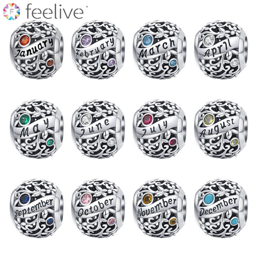 Vine Pattern Birthstone Zircon Charm in Sterling Silver - Feelive