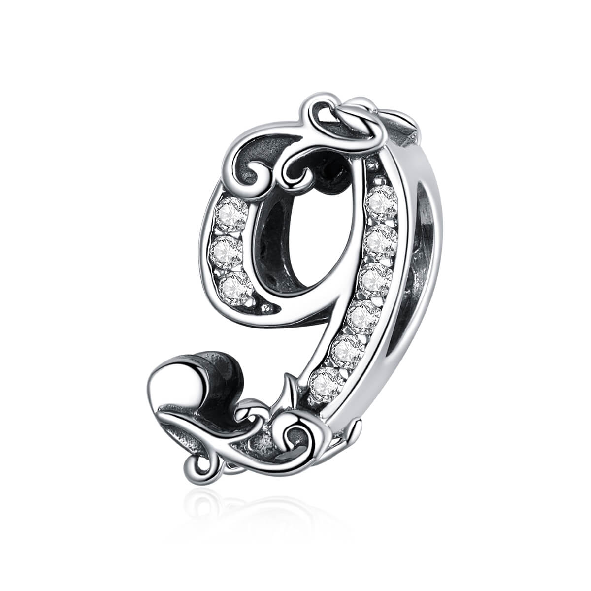 Number Zircon Charm Bead in Sterling Silver 9