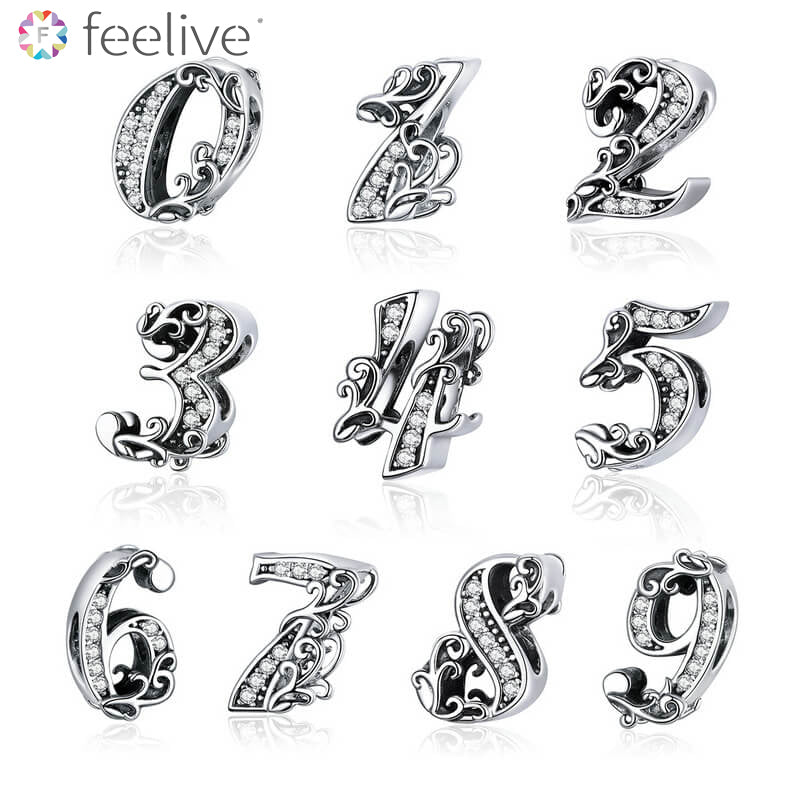 Number 0-9 Zircon Charm Bead in Sterling Silver - Feelive