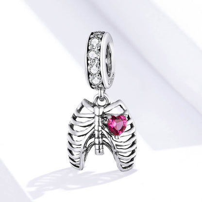 Skeleton Rib Heart Zircon Charm Bead in Sterling Silver