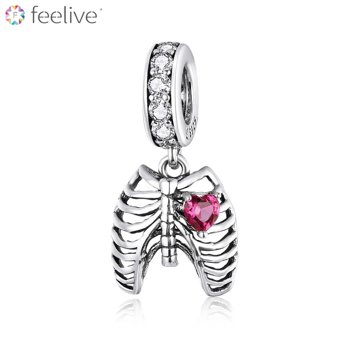 Skeleton Rib Heart Zircon Charm in Sterling Silver - Feelive