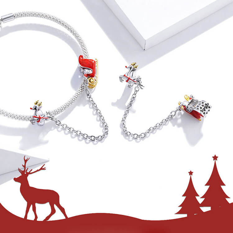 Happy Christmas Gem Charms Set in Sterling Silver reindeer sleigh