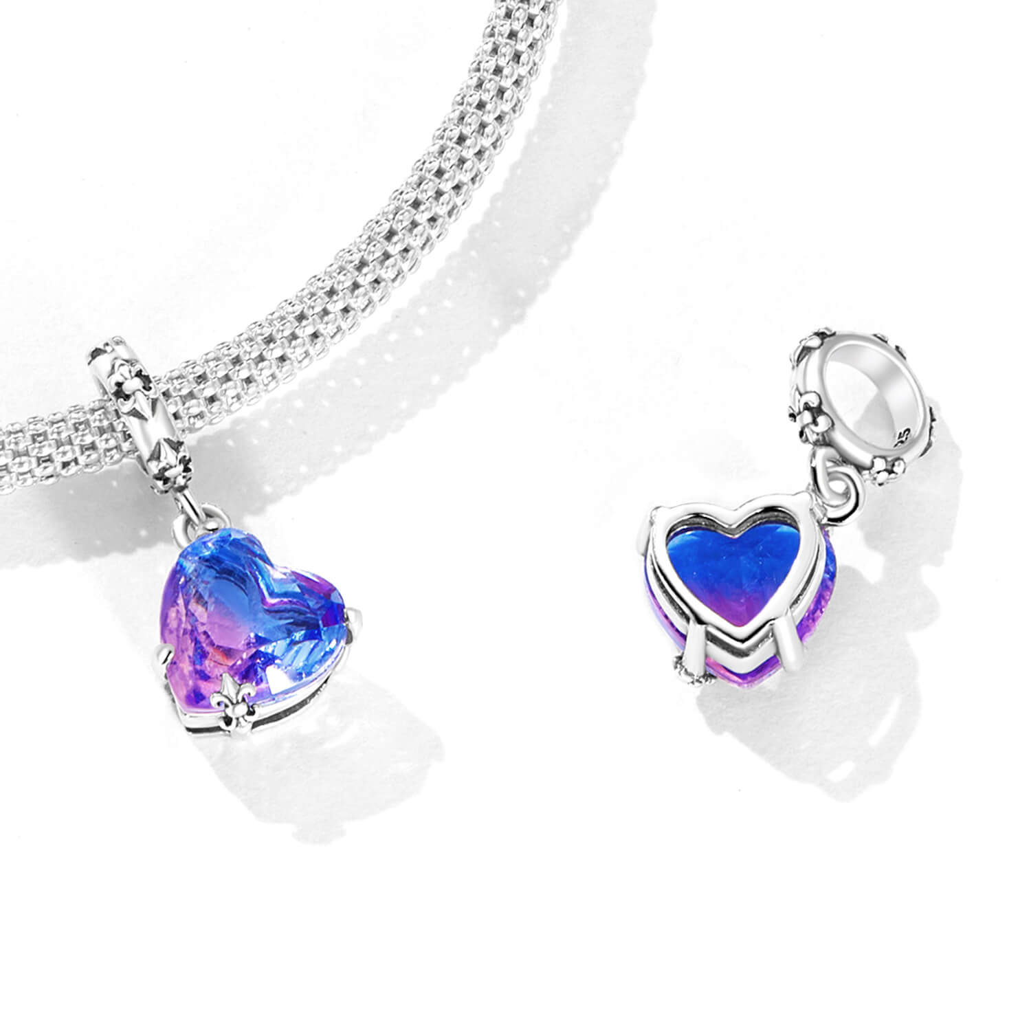 Vintage Purple-blue Heart Glass Charm in Sterling Silver sides