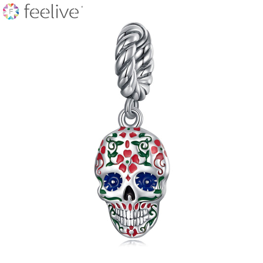 Decorative Pattern Skull Enamel Charm in Sterling Silver - Feelive