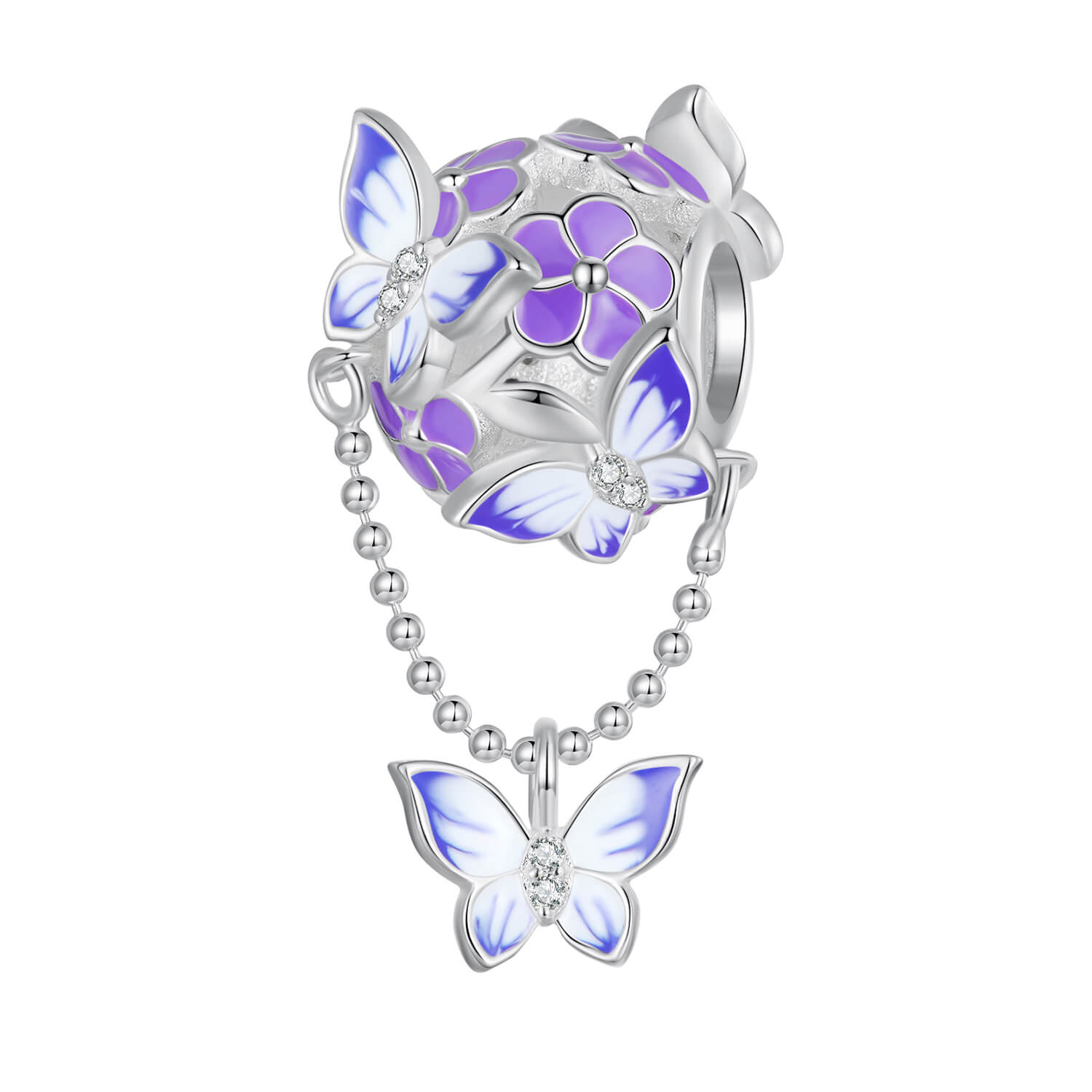 Purple Butterfly and Flower Series Gem Charm Set in Sterling Silver chain charm