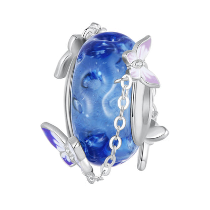 Purple Butterfly and Flower Series Gem Charm Set in Sterling Silver blue bead