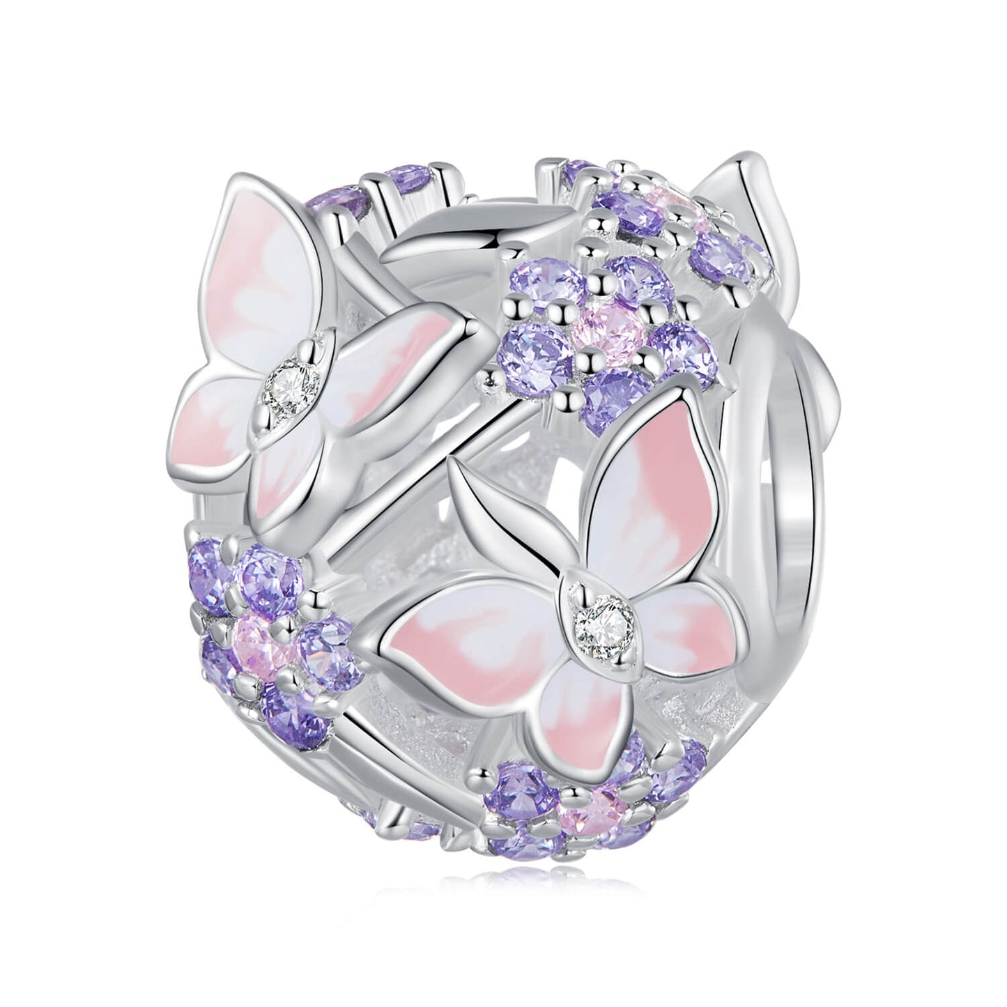 Purple Butterfly and Flower Series Gem Charm Set in Sterling Silver flower ball