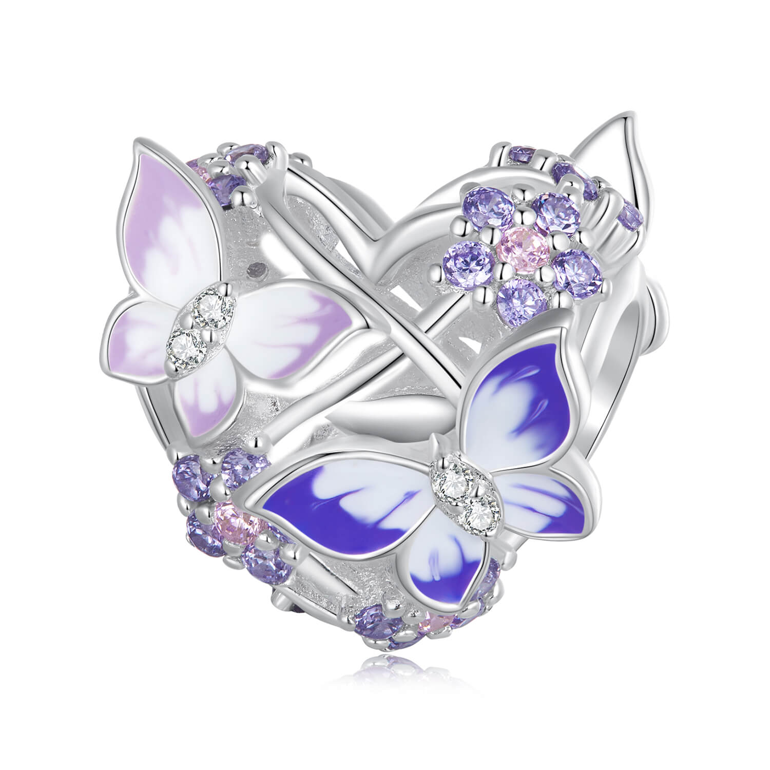 Purple Butterfly and Flower Series Gem Charm Set in Sterling Silver butterfly heart