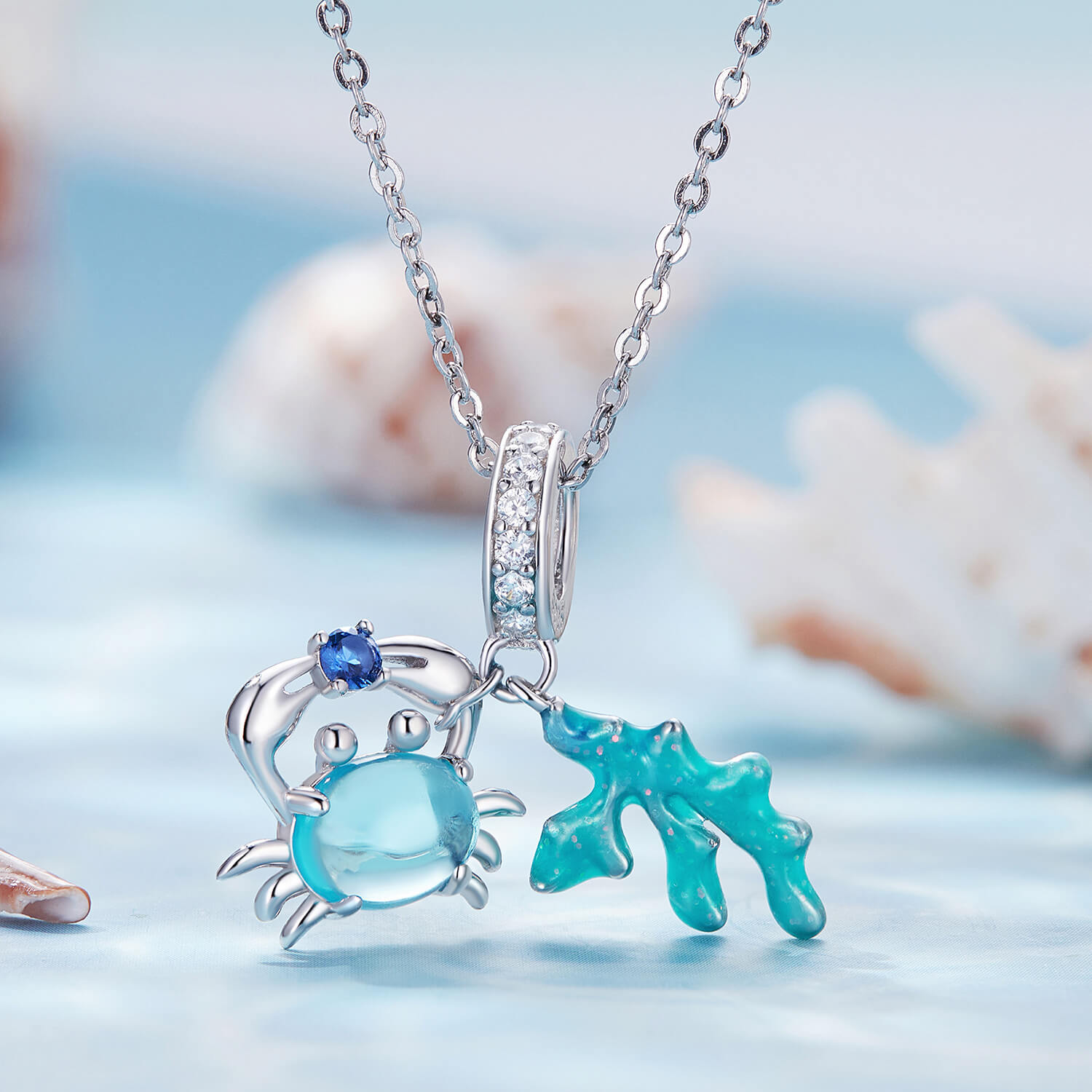 Underwater World Gemstones Charm Set in Sterling Silver crab and seagrass necklace pendant