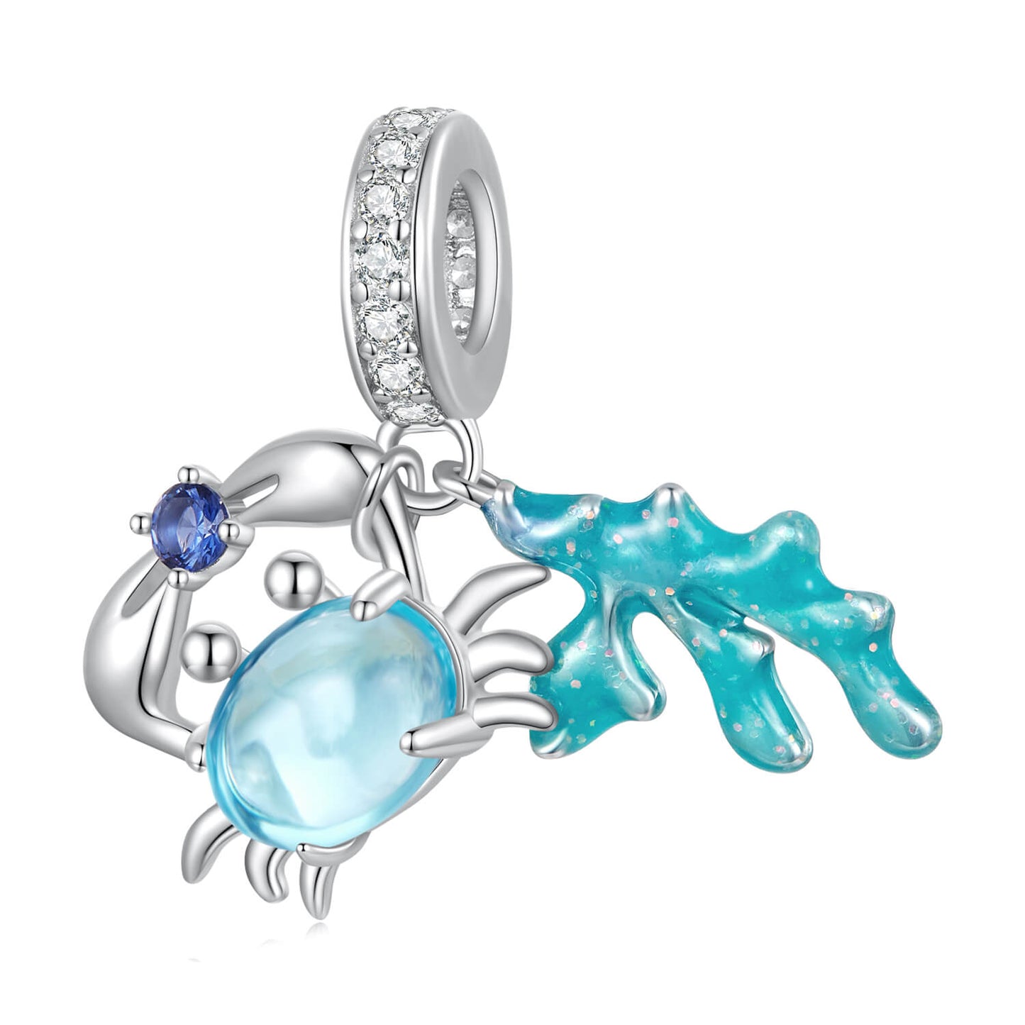 Underwater World Gemstones Charm Set in Sterling Silver crab and seagrass