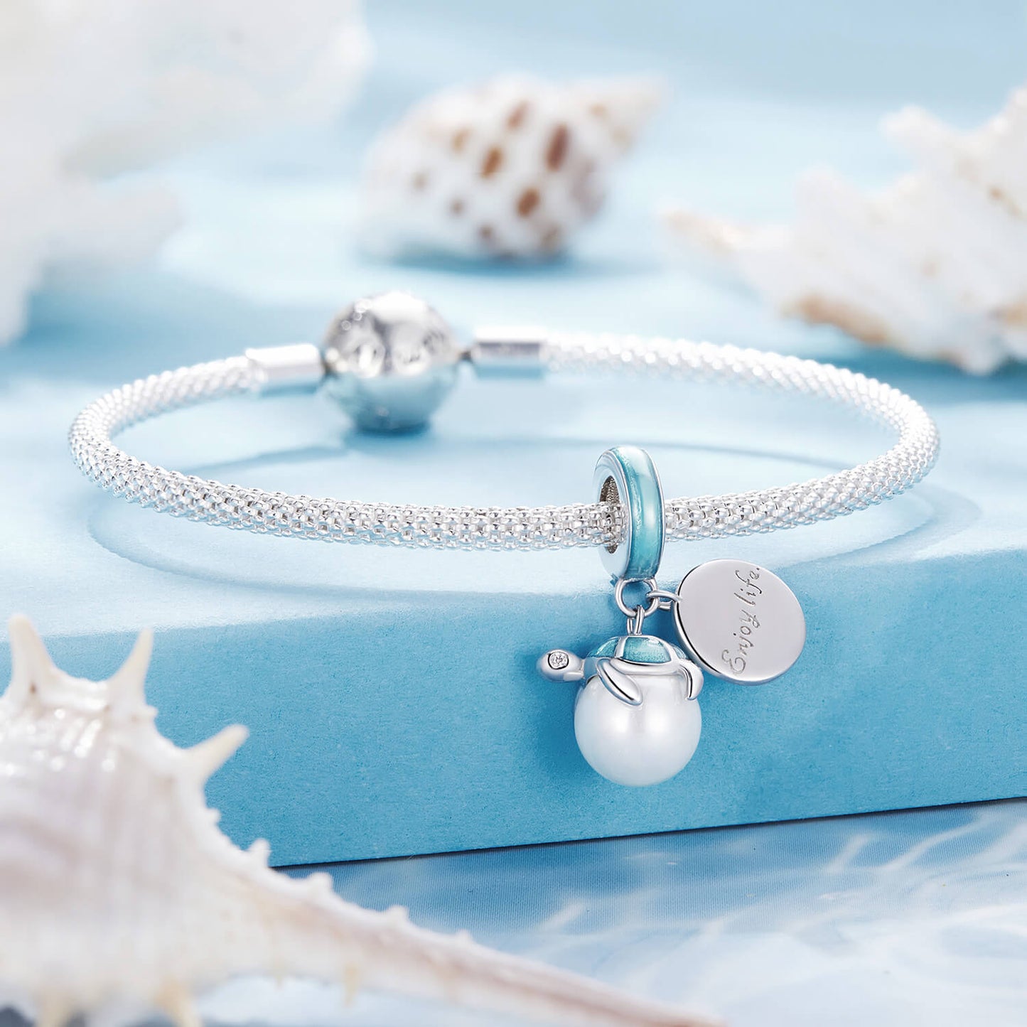 Underwater World Gemstones Charm Set in Sterling Silver turtle pearl front