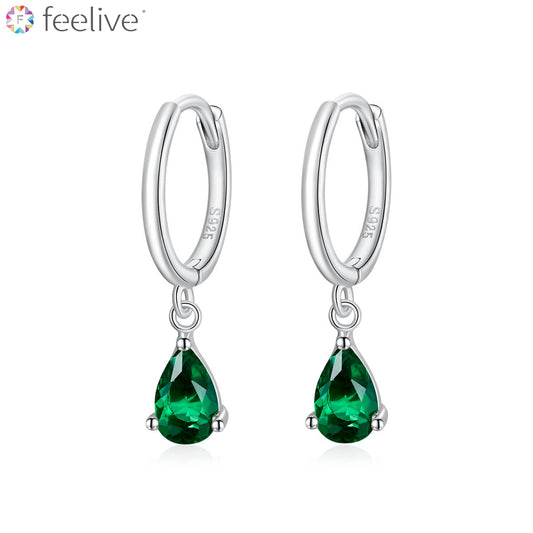 Green Water Drop Zircon Drop Earrings in Sterling Silver - Feelive