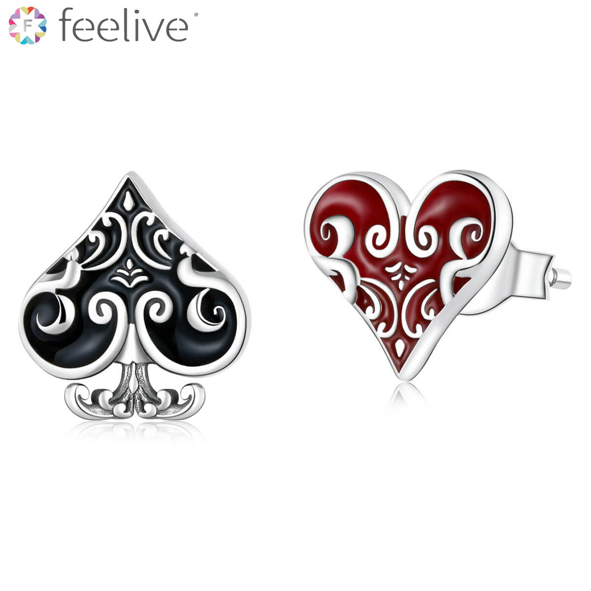 Asymmetric Poker Enamel Stud Earrings in Sterling Silver - Feelive