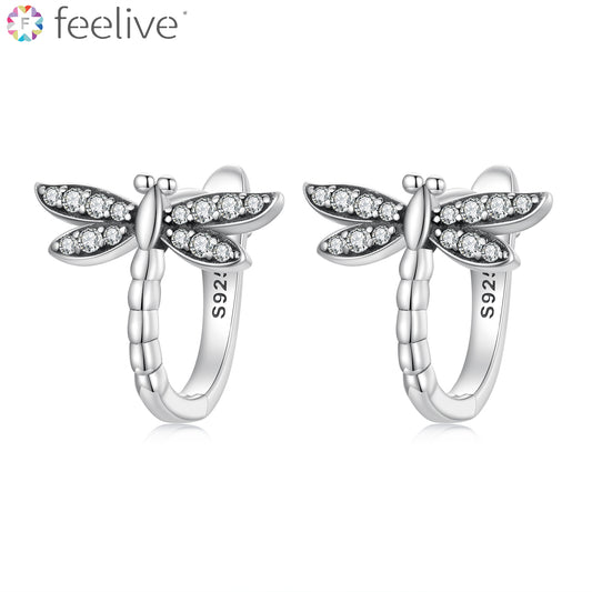 Dragonfly Zircon Huggie Earrings in Sterling Silver - Feelive