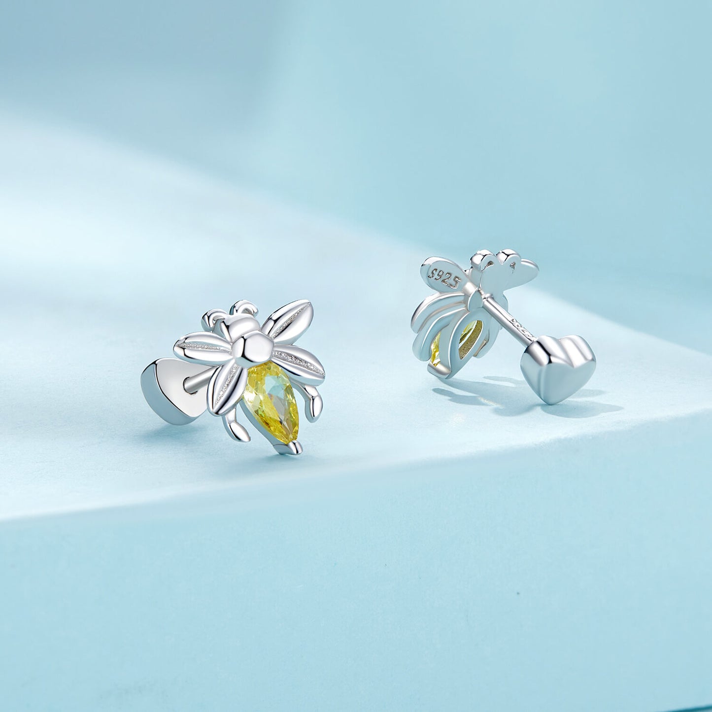 Golden Bee Zircon Stud Earrings in Sterling Silver front and back