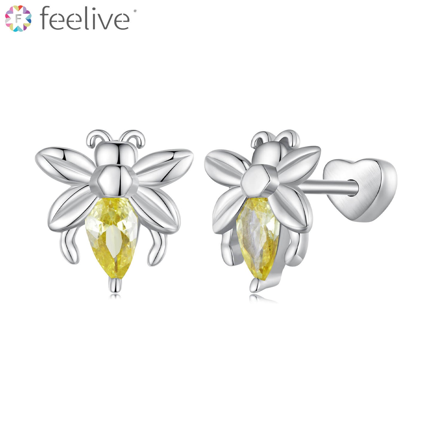 Golden Bee Zircon Stud Earrings in Sterling Silver - Feelive