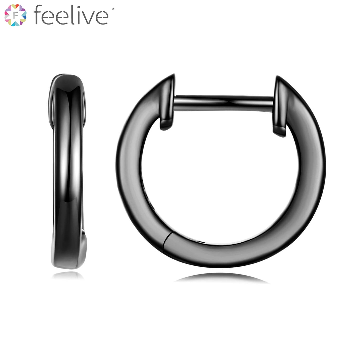 Small Black Round Huggie Earrings in Sterling Silver - Feelive