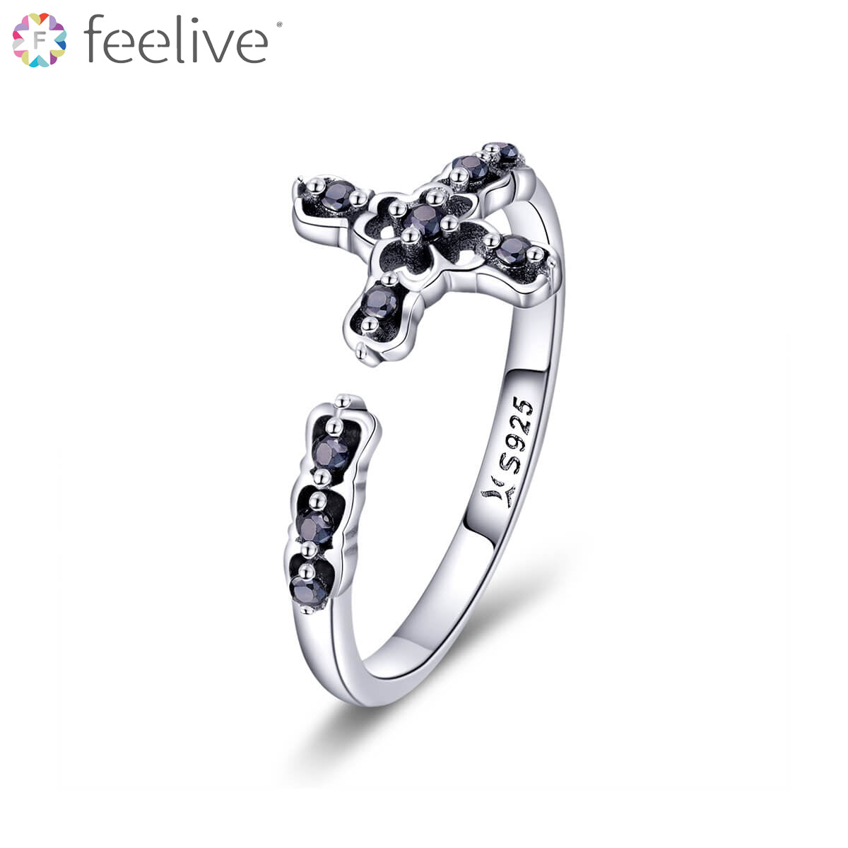 Light of Cross Zircon Open Ring in Sterling Silver - Feelive