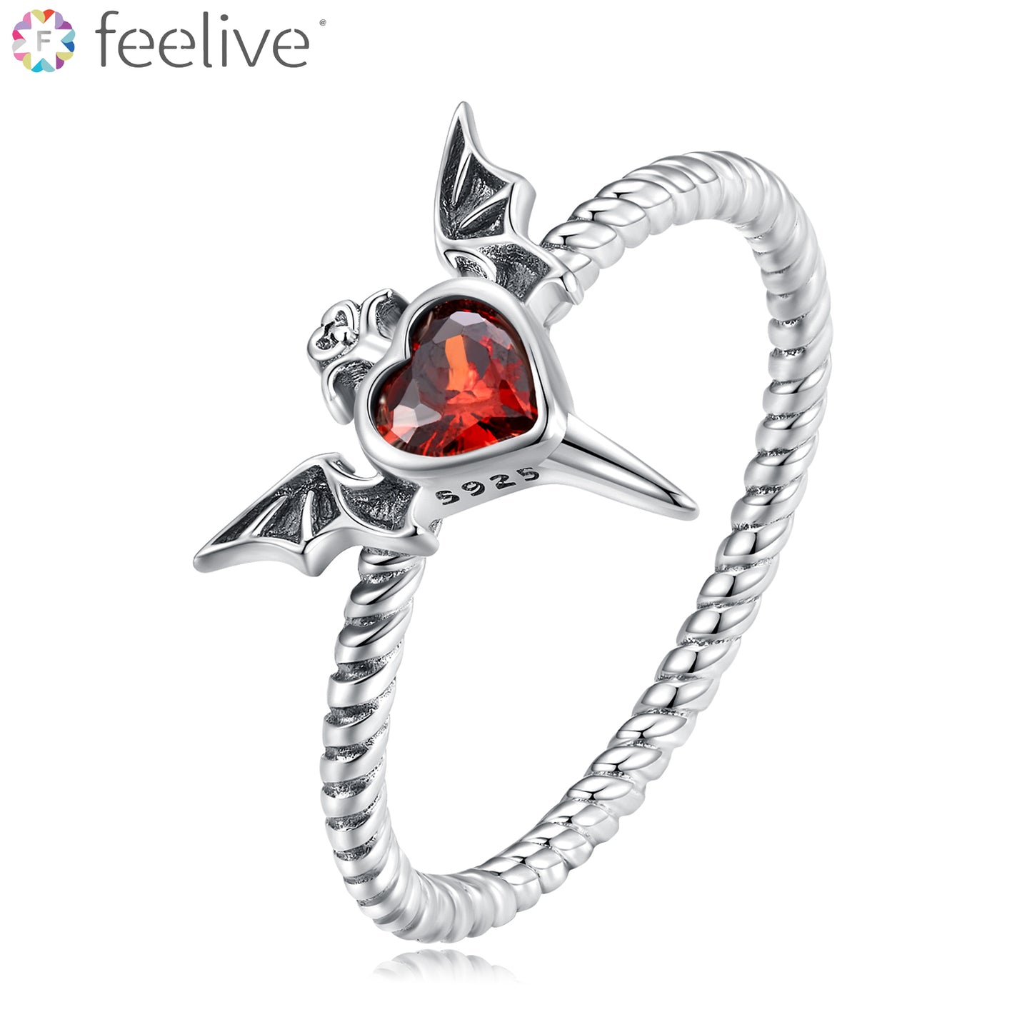 Devil Bat Wing Red Heart Zircon Ring in Sterling Silver - Feelive