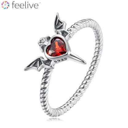 Devil Bat Wing Red Heart Zircon Ring in Sterling Silver - Feelive