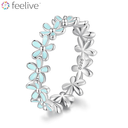 Little Blue Flowers Enamel Ring in Sterling Silver - Feelive