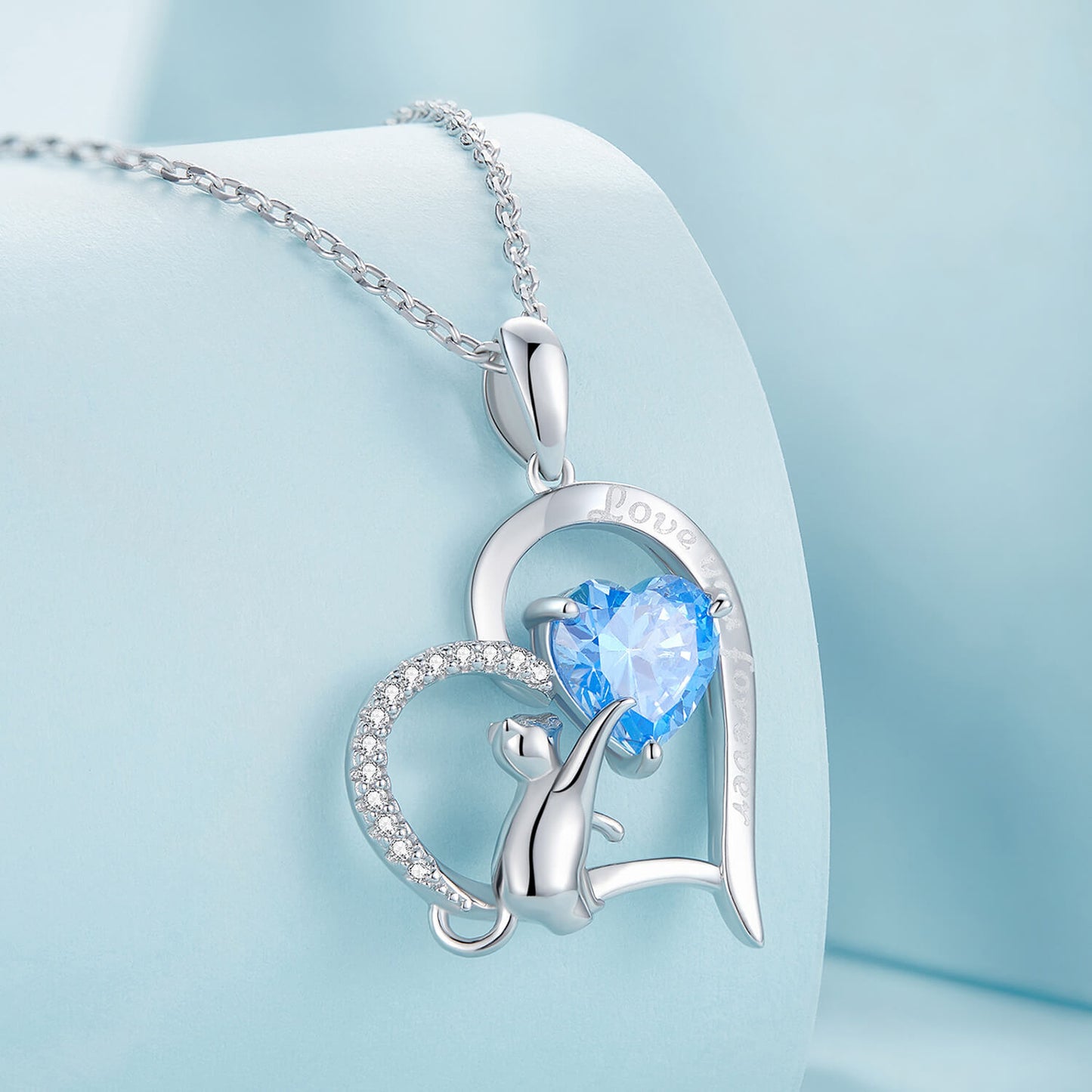 Blue Love of Cat Zircon Necklace in Sterling Silver  side