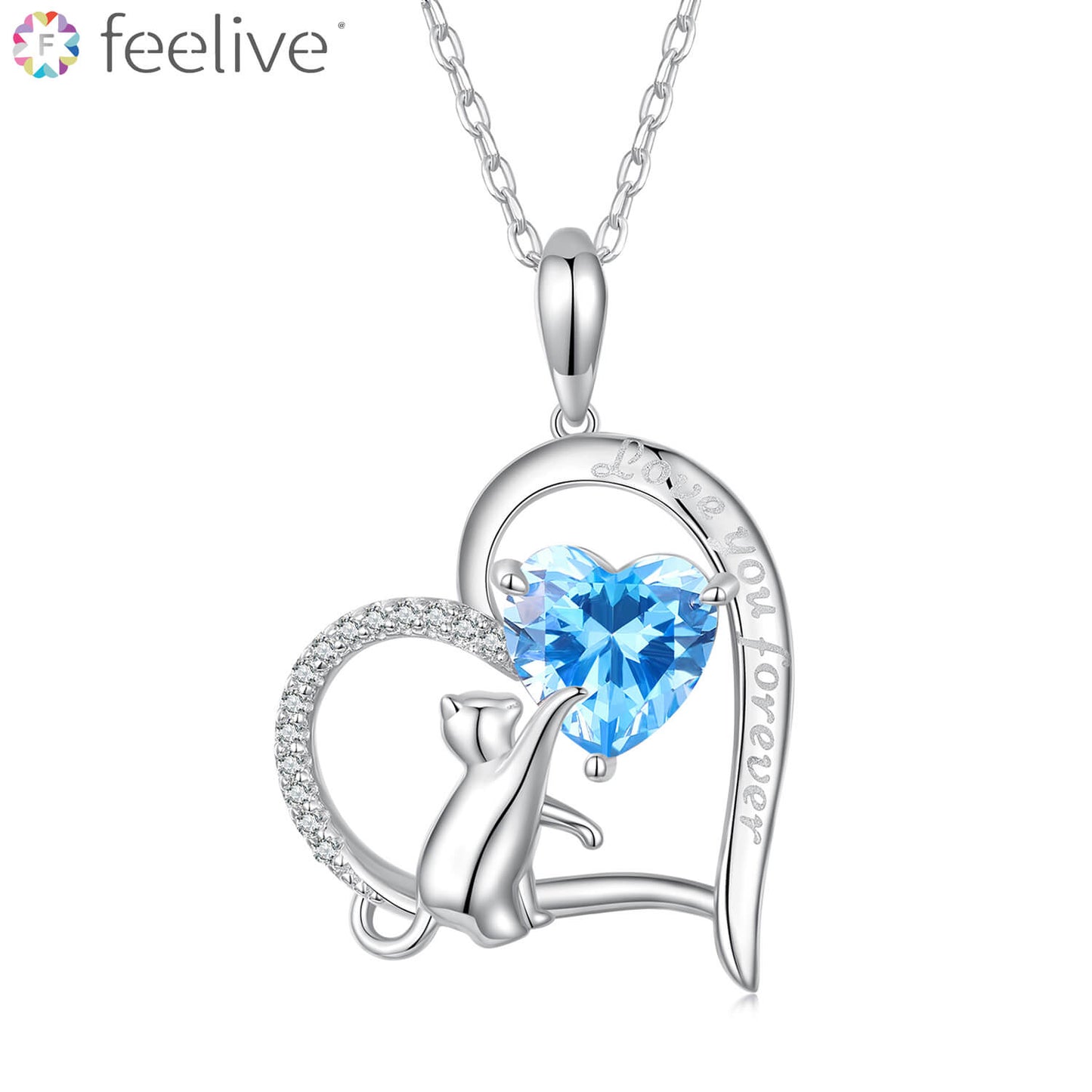 Blue Love of Cat Zircon Necklace in Sterling Silver - Feelive