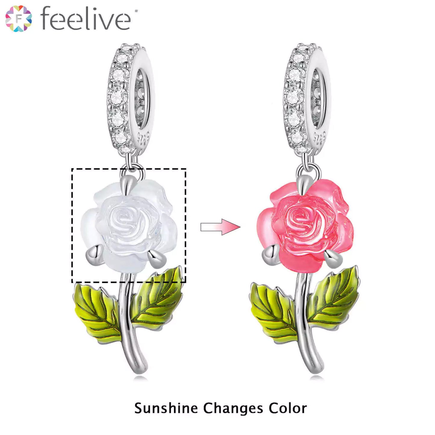 Sunshine Color-changing Magic Rose Resin Charm in Sterling Silver - Feelive